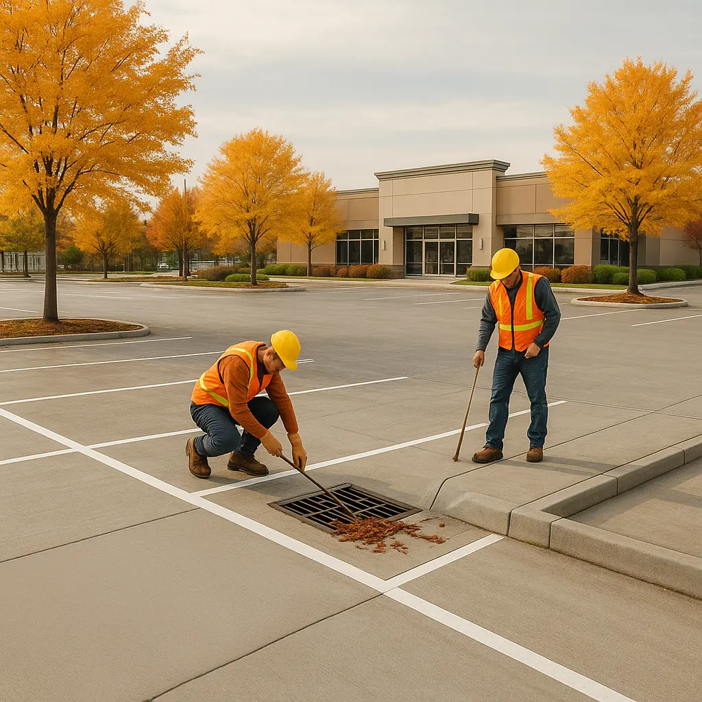 view of a commercial parking lot in autumn, surrounded by trees with golden leaves. Two workers in orange safety vests clear storm drain leaves and inspect concrete joints near a storm grate. Striping is clean, curbs are intact, and the sky is slightly overcast.