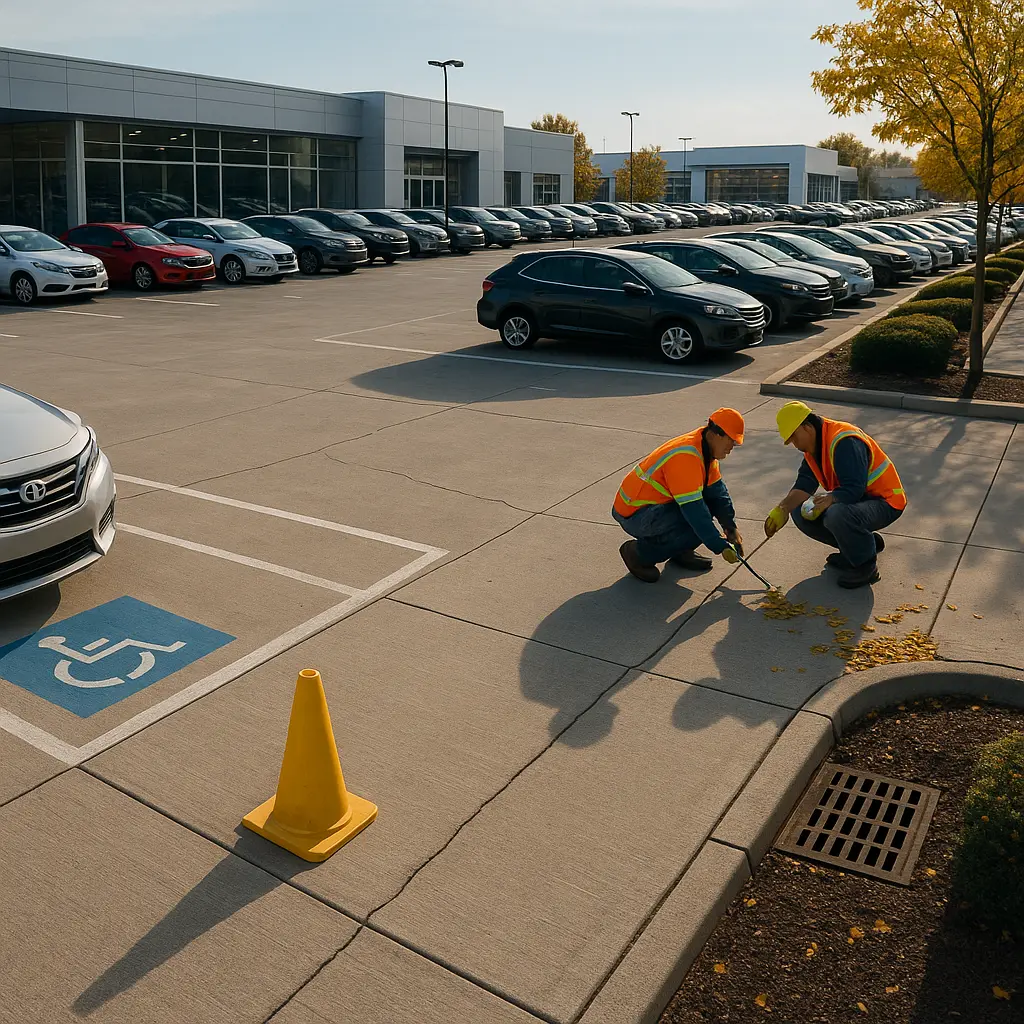 A wide-angle view of a large concrete parking lot outside a car dealership with neatly parked vehicles, crisp striping, an ADA space, and two workers in safety vests clearing leaves from a crack near a storm drain during an autumn inspection.