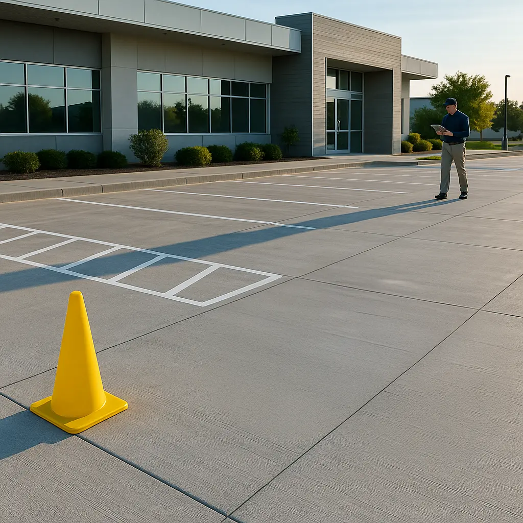 A clean concrete parking lot in front of a modern commercial building with clearly painted parking stripes, an ADA accessible space, a yellow caution cone, and a maintenance worker inspecting the area with a checklist during early morning light.